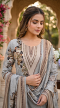 Grey Floral Embroidered Crepe Suit Set