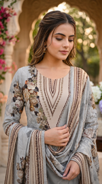 Grey Floral Embroidered Crepe Suit Set