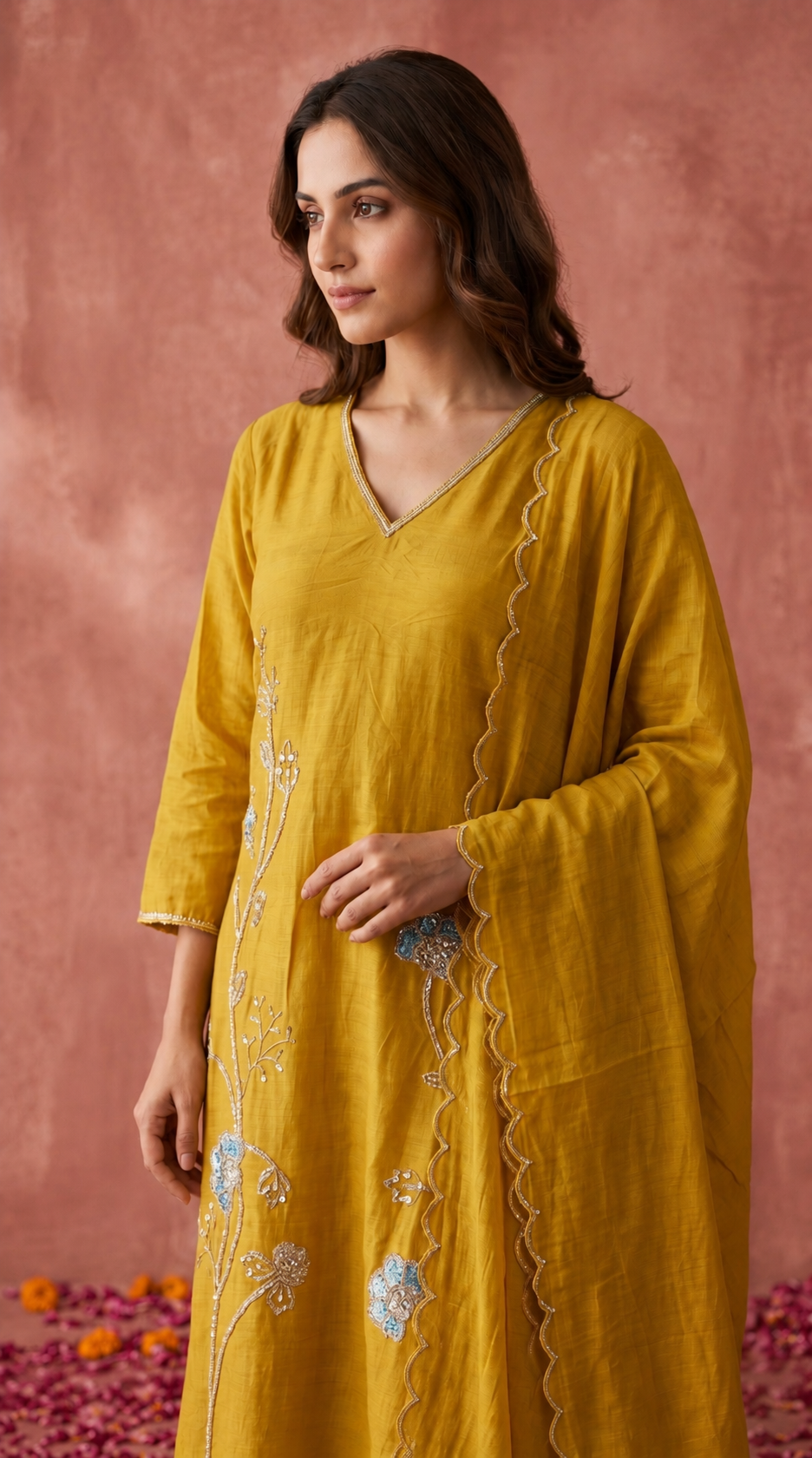 Mustard Mul Chanderi Hand Embroidered Suit Set With Cutwork Dupatta
