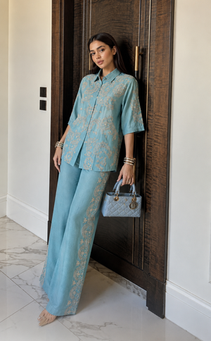 Teal Embroidered Cotton Co-ord Set