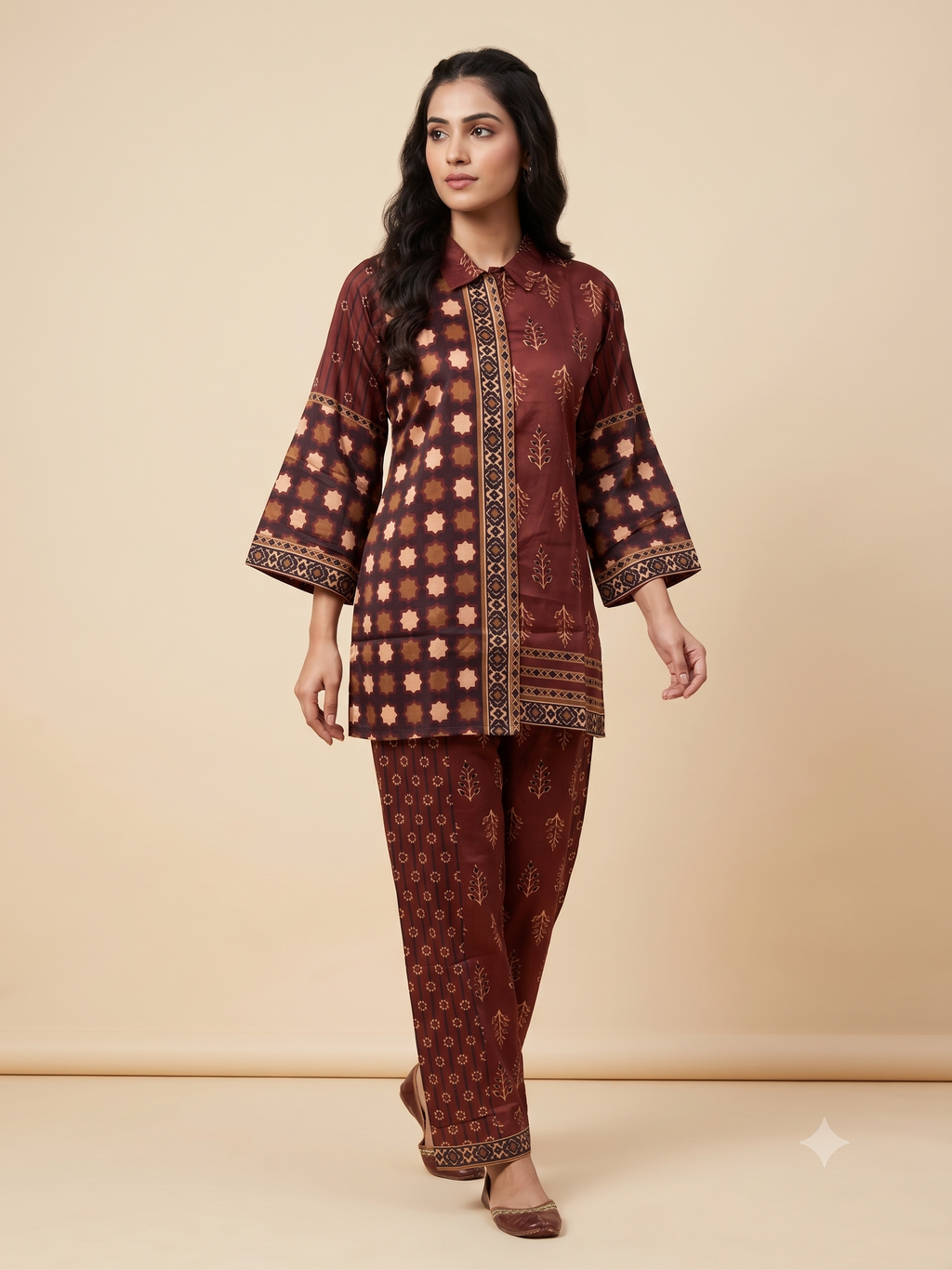 Maroon Satin Ethnic Print Co-ord Set