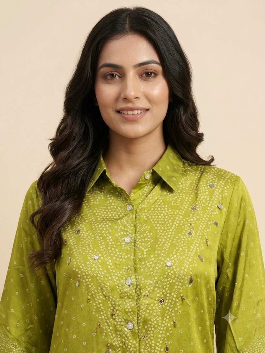 Olive Green Bandhani Print Satin Shirt & Flared Sleeves.