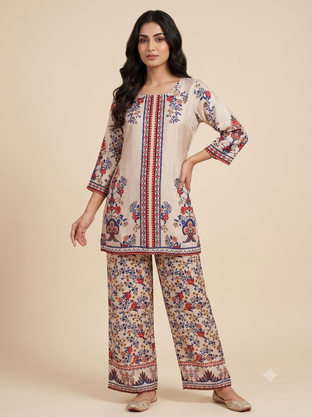 Women's Beige Floral Printed Crape Co-Ord Set
