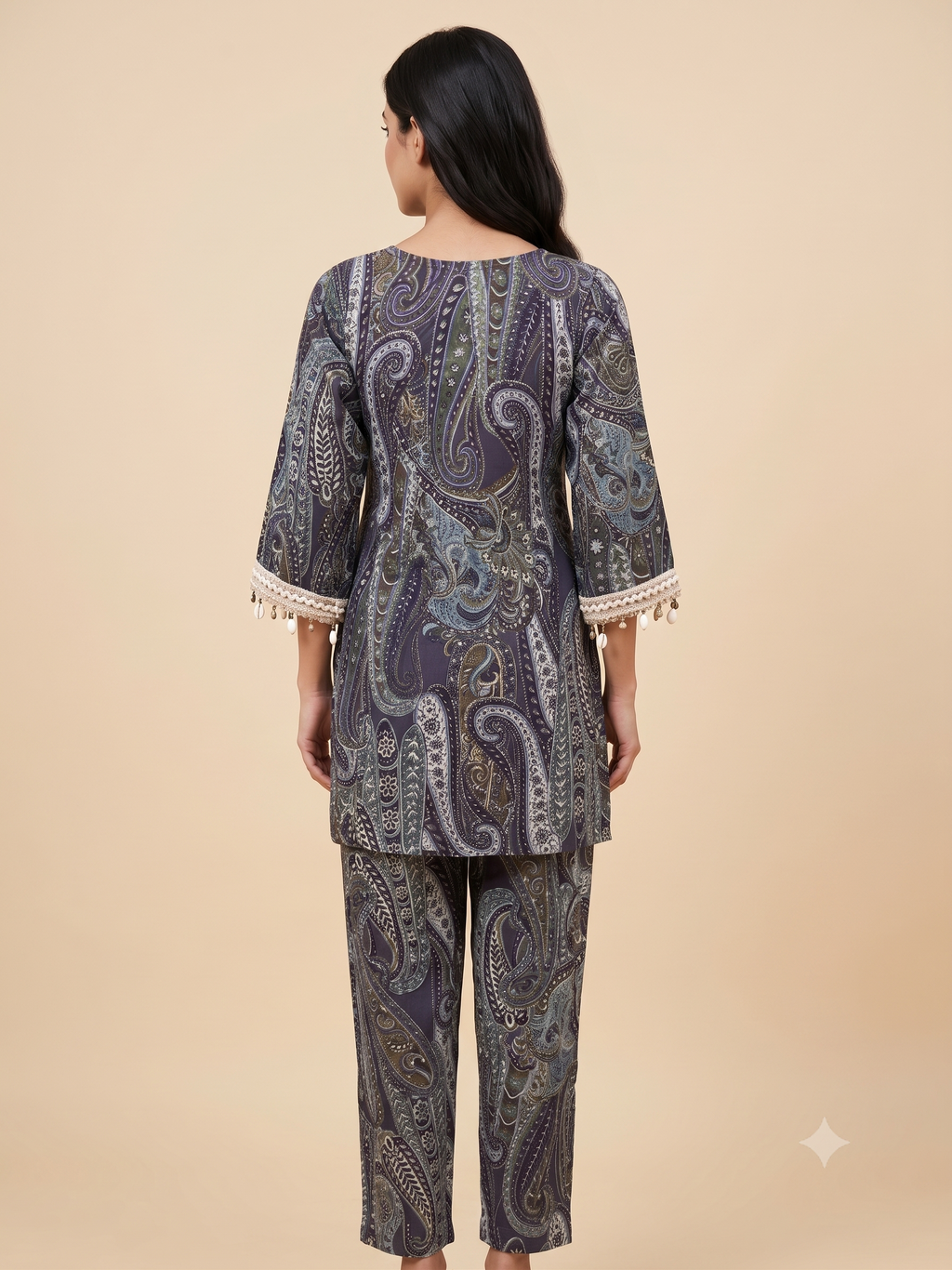 PREMIUM Luxurious Dark Paisley Cotton Co-ord Set with Shell & Lace Embellishments