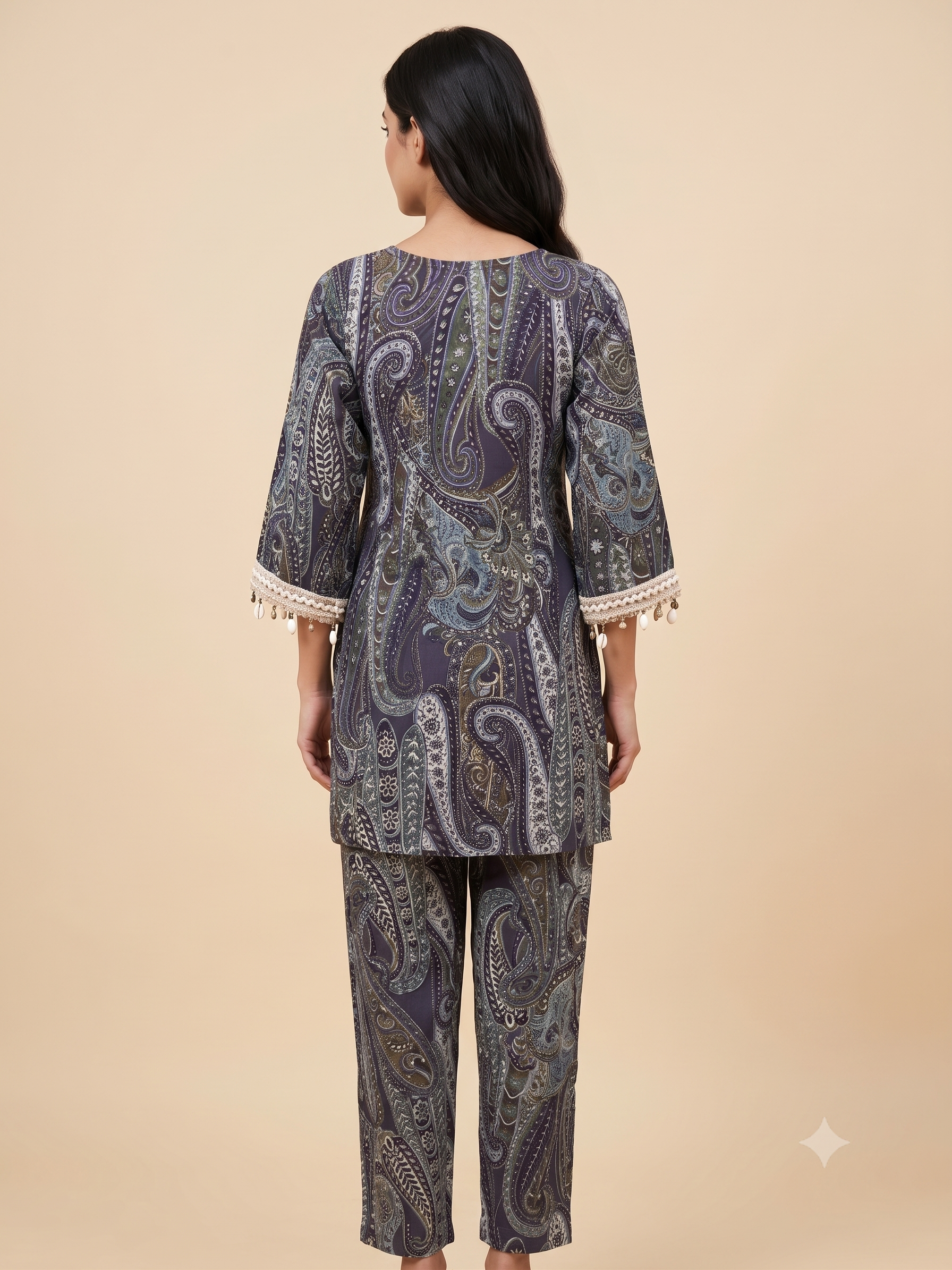 PREMIUM Luxurious Dark Paisley Cotton Co-ord Set with Shell & Lace Embellishments