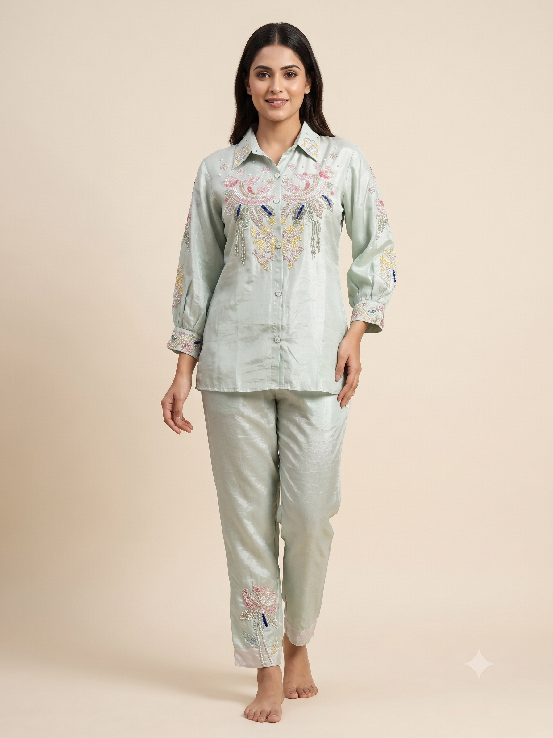 Elegant Cream Cotton Silk Ethnic Co-ord Set with Dark Brown Spiral Embroidery