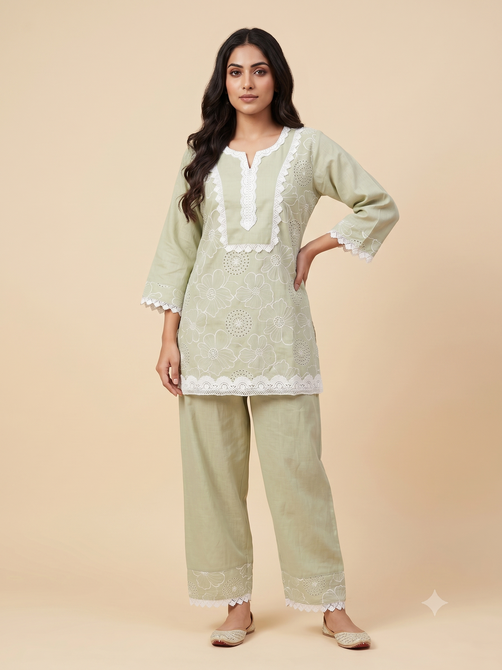 Light Pistachio Green Floral Embroidery Ethnic Co-Ord Set