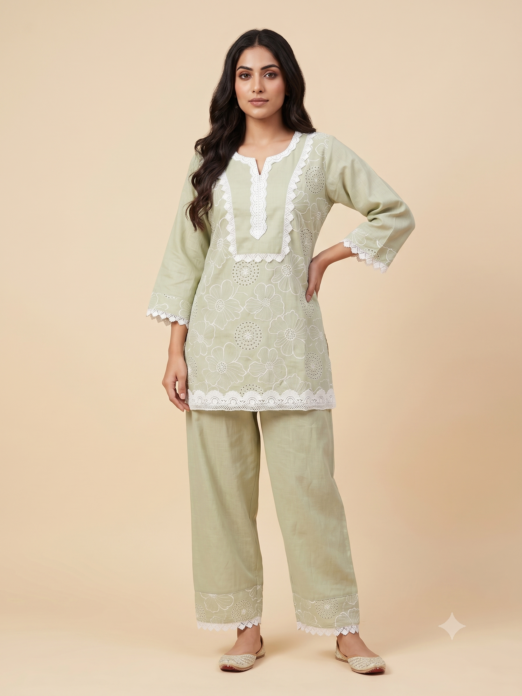 Light Pistachio Green Floral Embroidery Ethnic Co-Ord Set