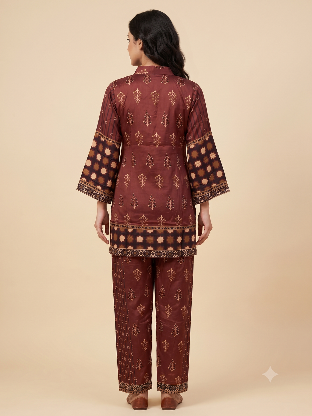 Maroon Satin Ethnic Print Co-ord Set
