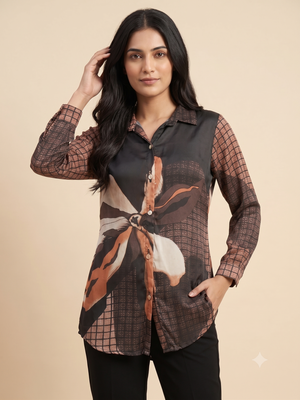 Women's Printed Silk Tunic Shirt with Collar Embellishment