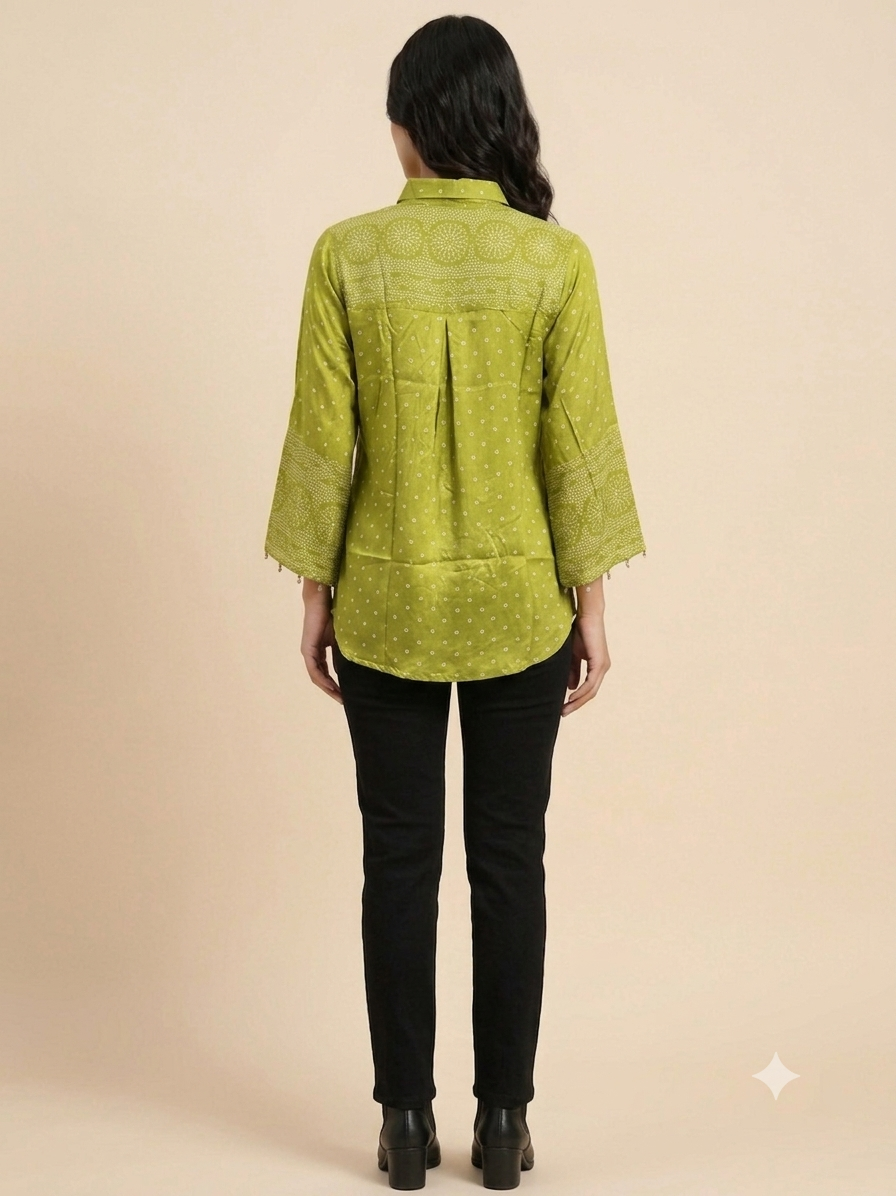 Olive Green Bandhani Print Satin Shirt & Flared Sleeves.
