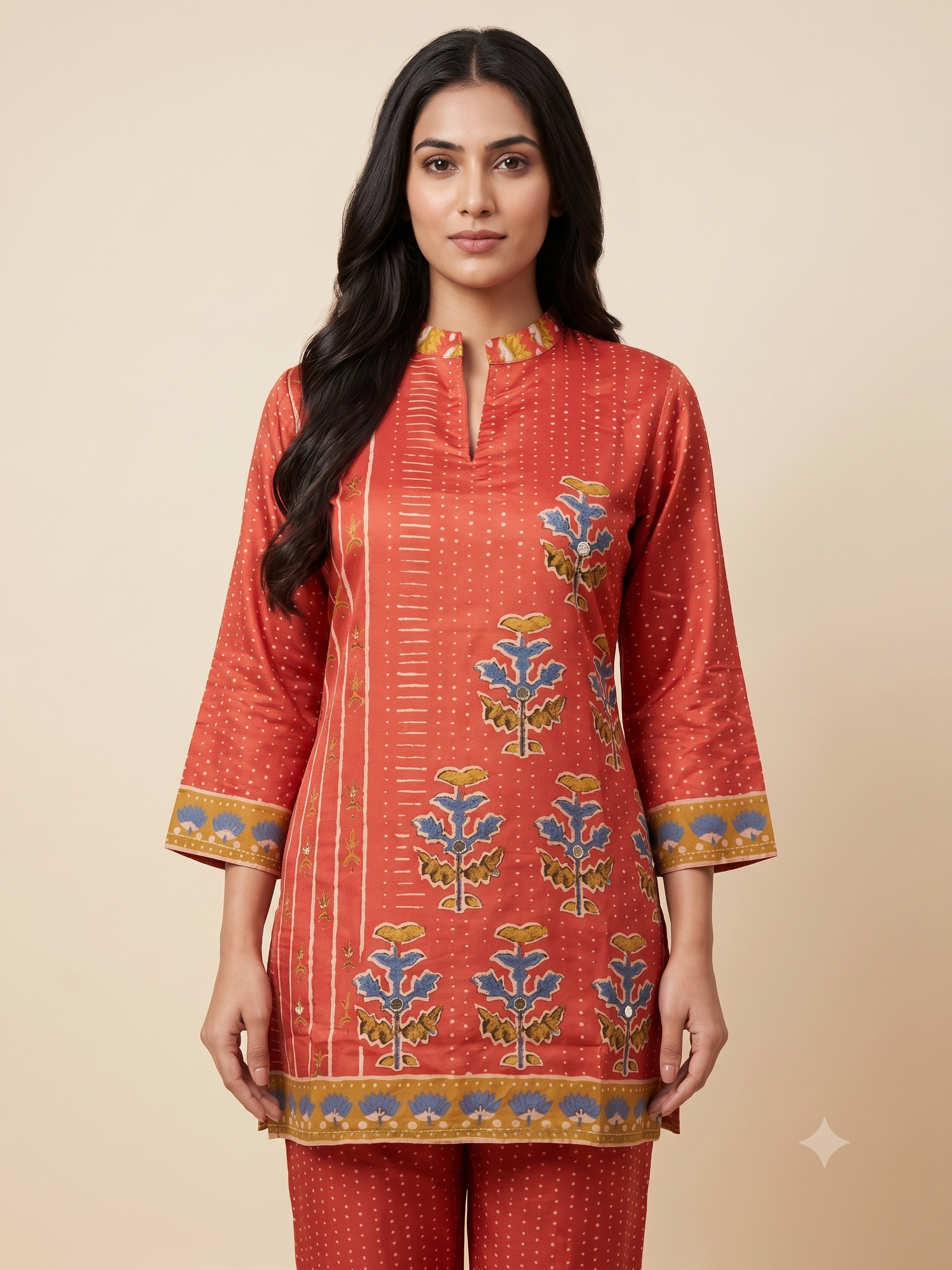 Rust Red Printed Satin Ethnic Co-Ord Set with Mandar/Shirt Collar