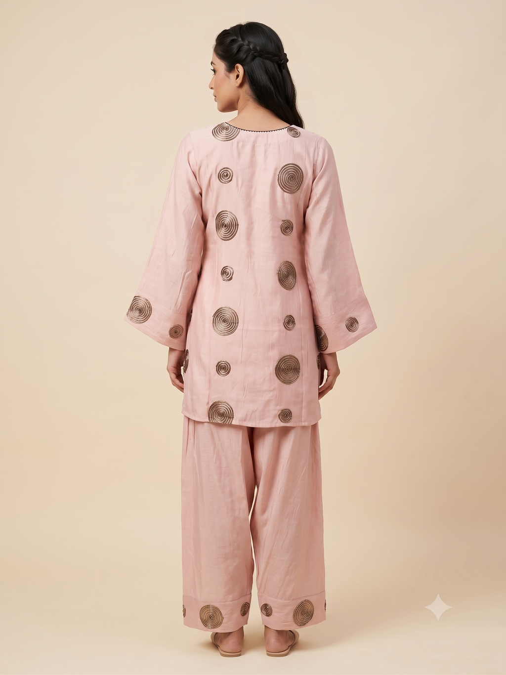 Elegant Rose Pink Co-ord Set with Embroidered Spiral Motifs