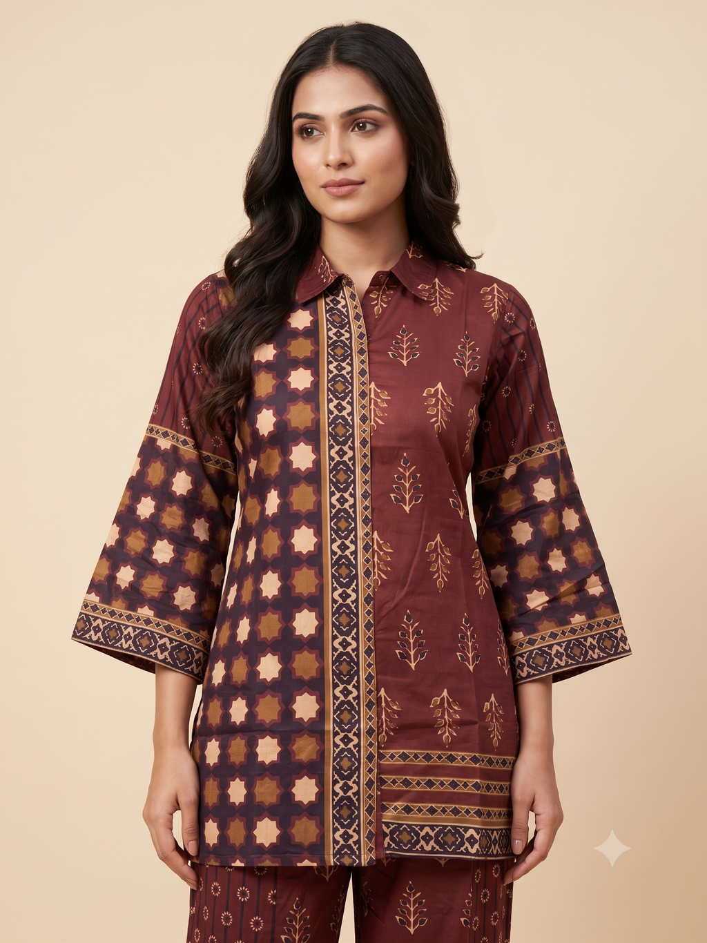 Maroon Satin Ethnic Print Co-ord Set