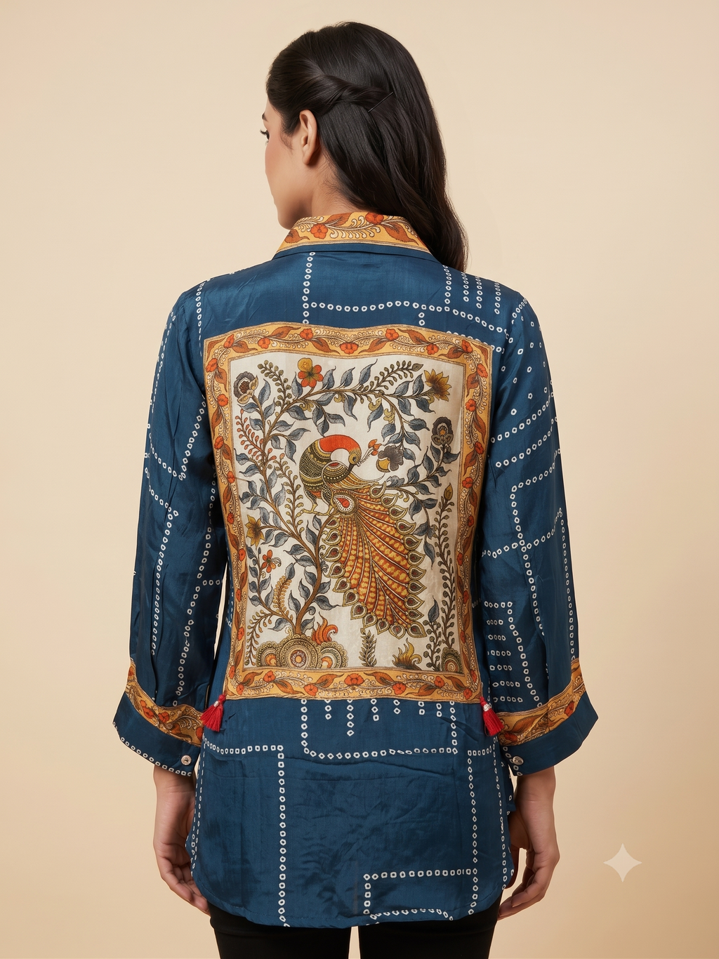 Women’s Blue Printed Crepe Indo-Western Tunic Top with Shirt Collar & Printed Trim