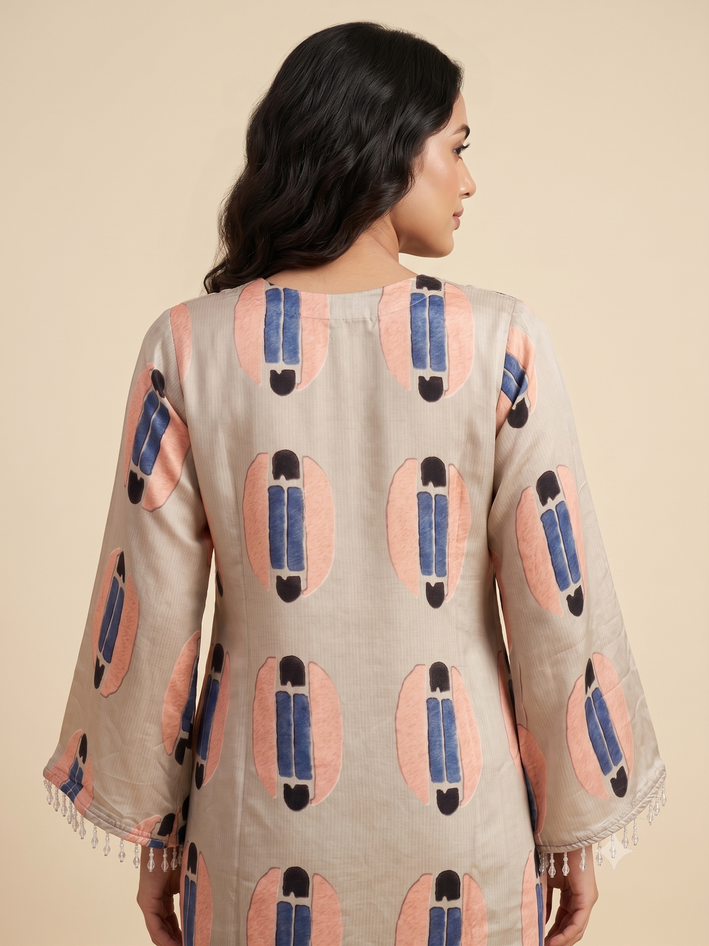 Women's Luxury Crepe Printed Tunic Top with Embellished V-Neck & Dhoti-Style Pleated Pants Co-ord Set (Grey & Royal Navy)