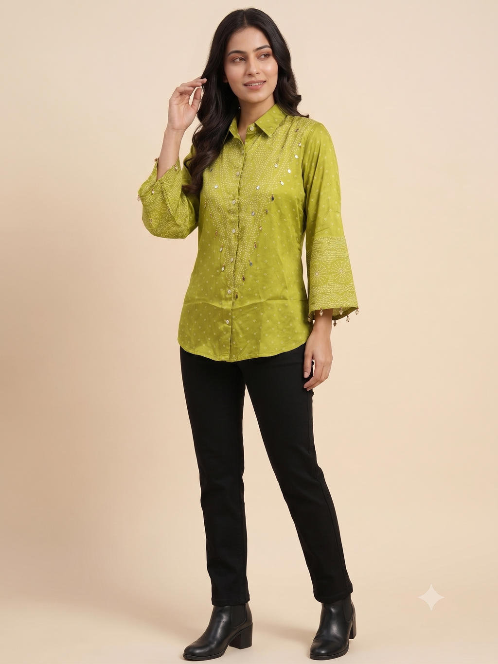 Olive Green Bandhani Print Satin Shirt & Flared Sleeves.
