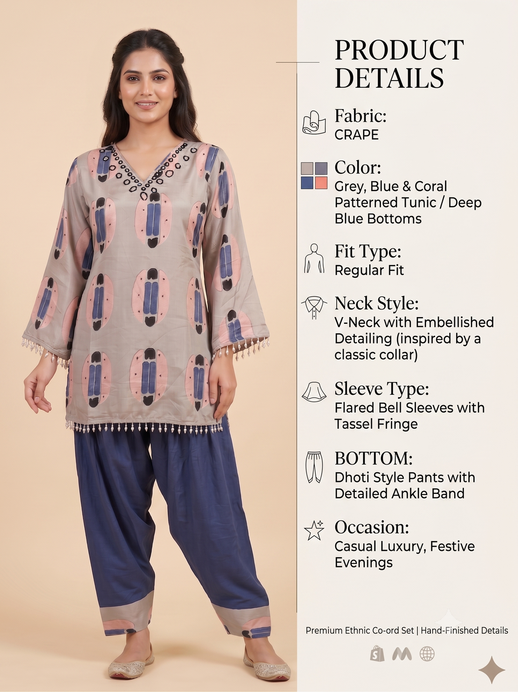 Women's Luxury Crepe Printed Tunic Top with Embellished V-Neck & Dhoti-Style Pleated Pants Co-ord Set (Grey & Royal Navy)