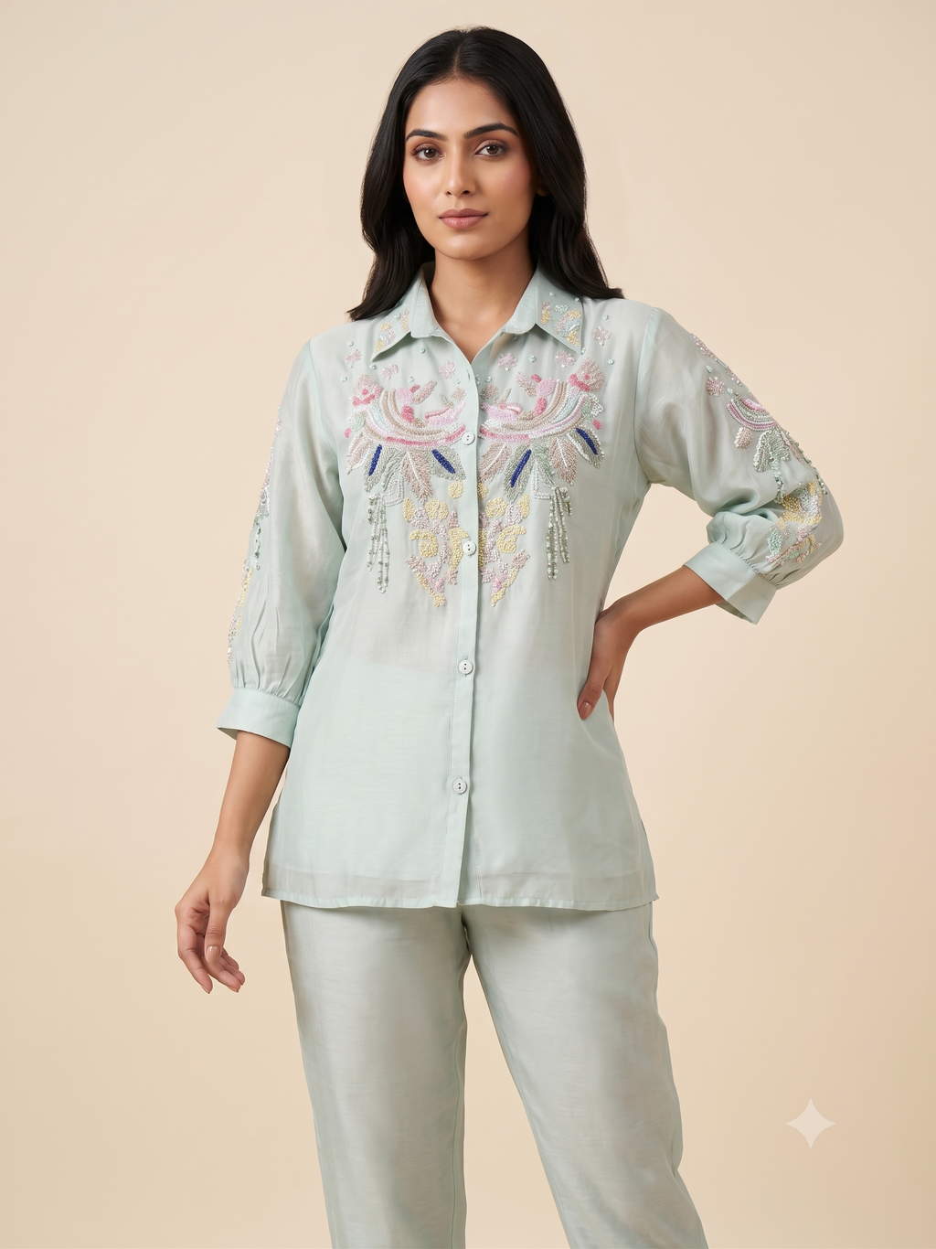 Elegant Cream Cotton Silk Ethnic Co-ord Set with Dark Brown Spiral Embroidery