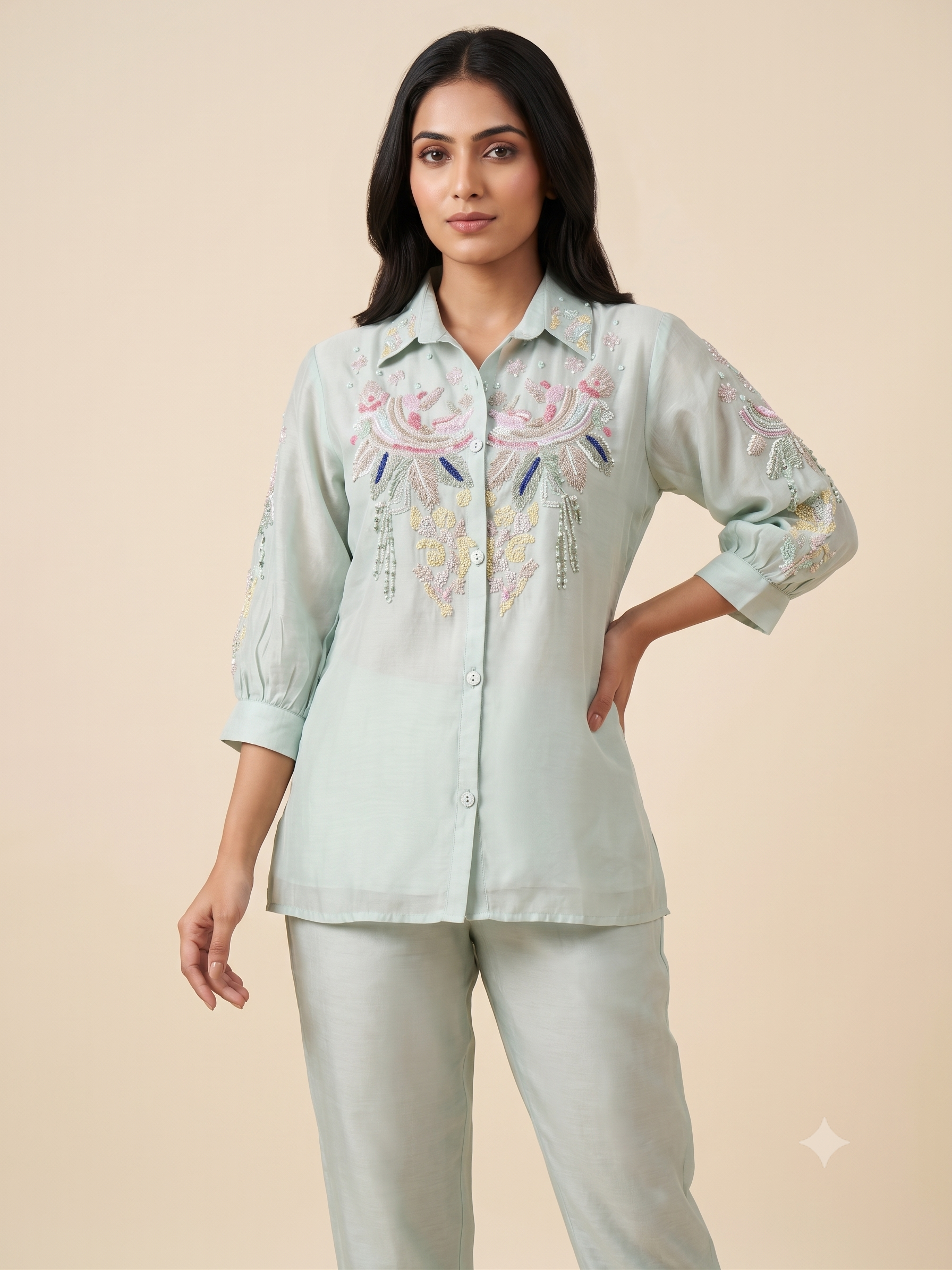Elegant Cream Cotton Silk Ethnic Co-ord Set with Dark Brown Spiral Embroidery