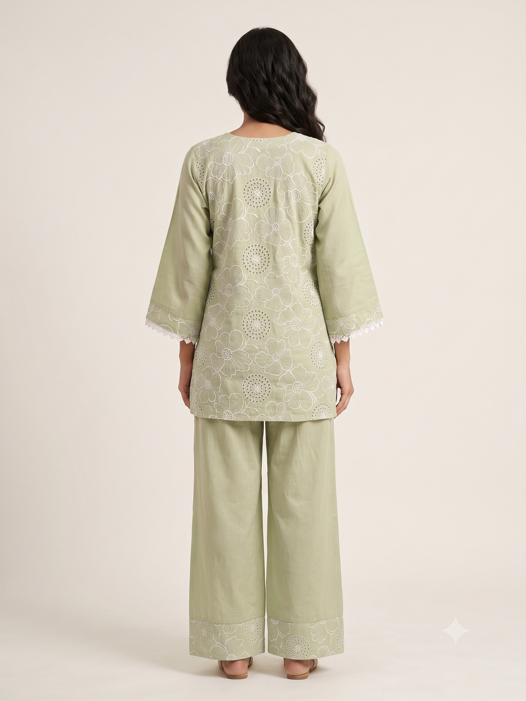 Light Pistachio Green Floral Embroidery Ethnic Co-Ord Set