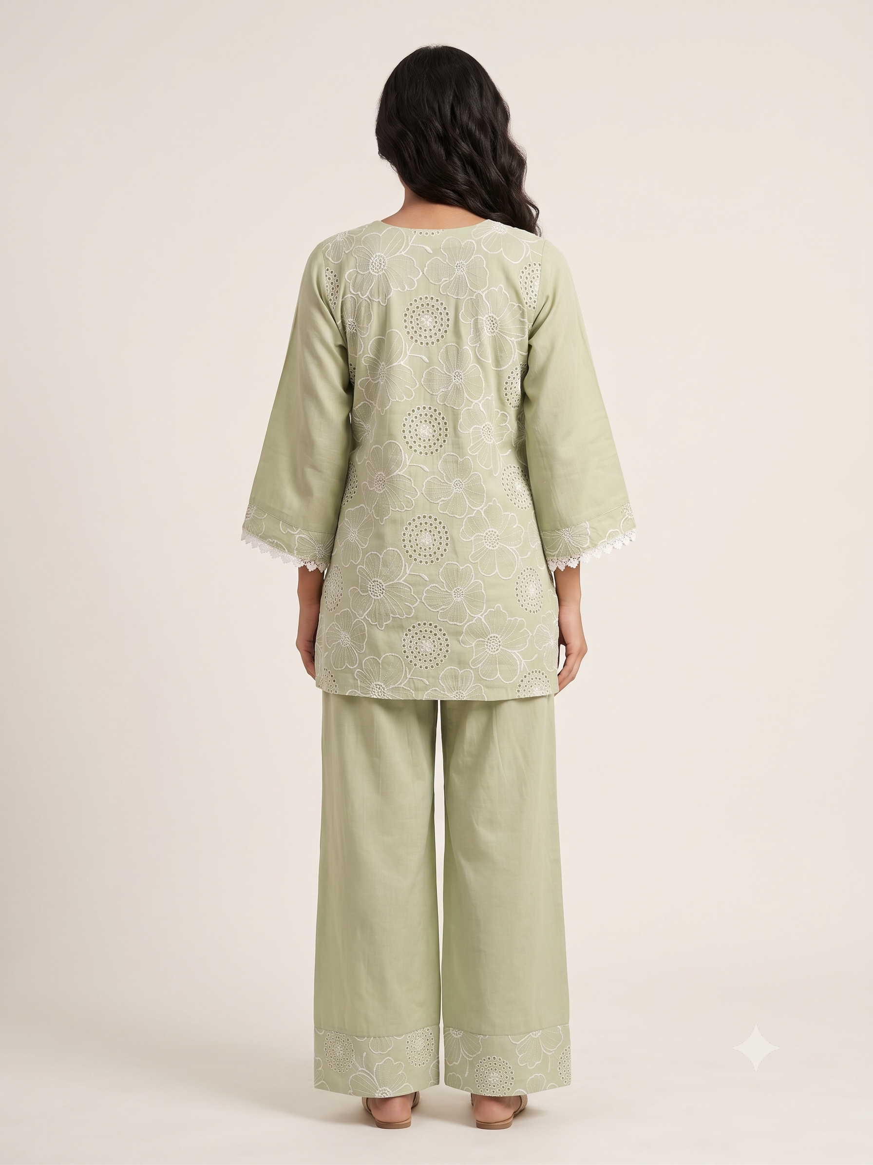 Light Pistachio Green Floral Embroidery Ethnic Co-Ord Set