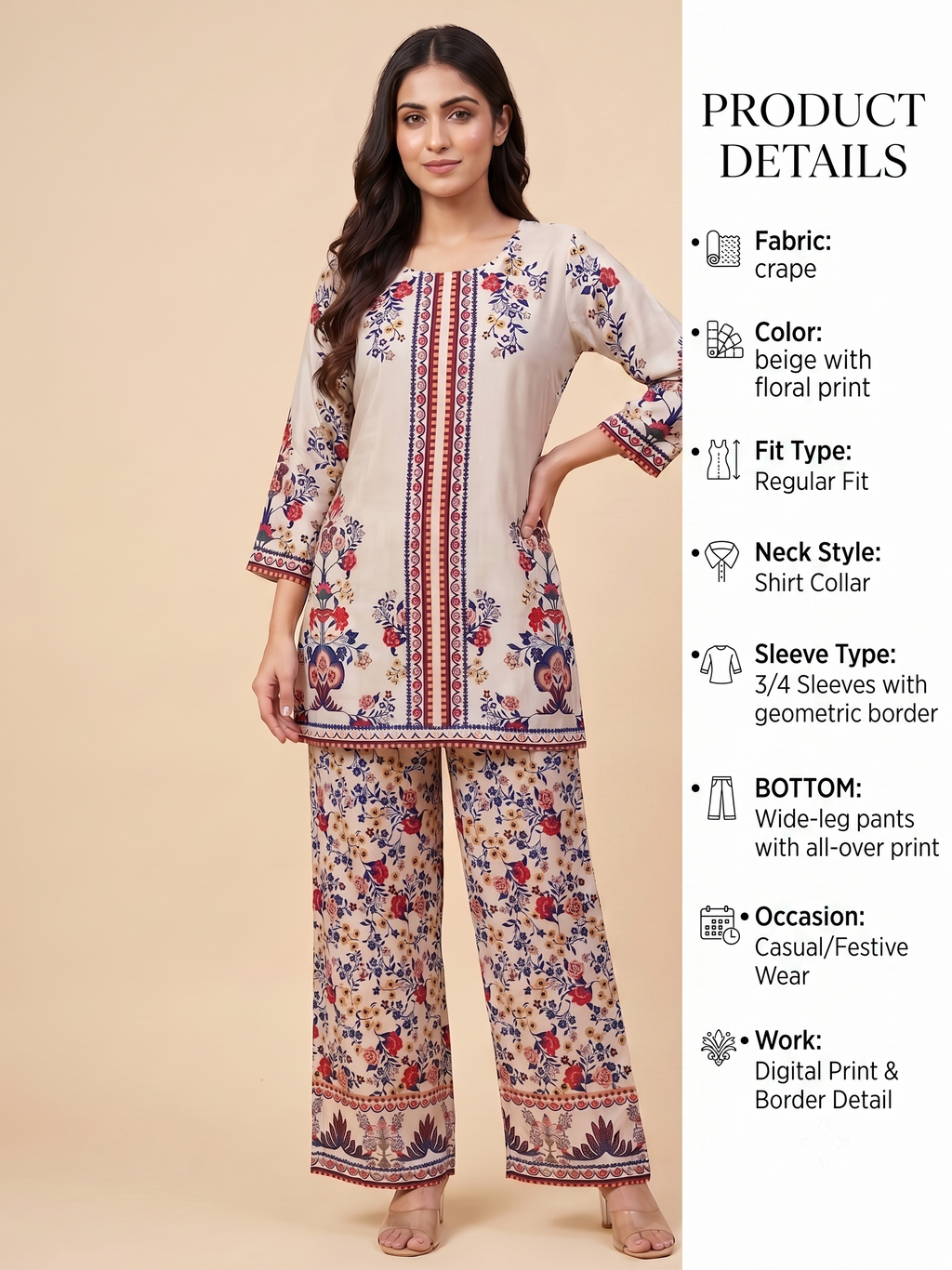 Women's Beige Floral Printed Crape Co-Ord Set