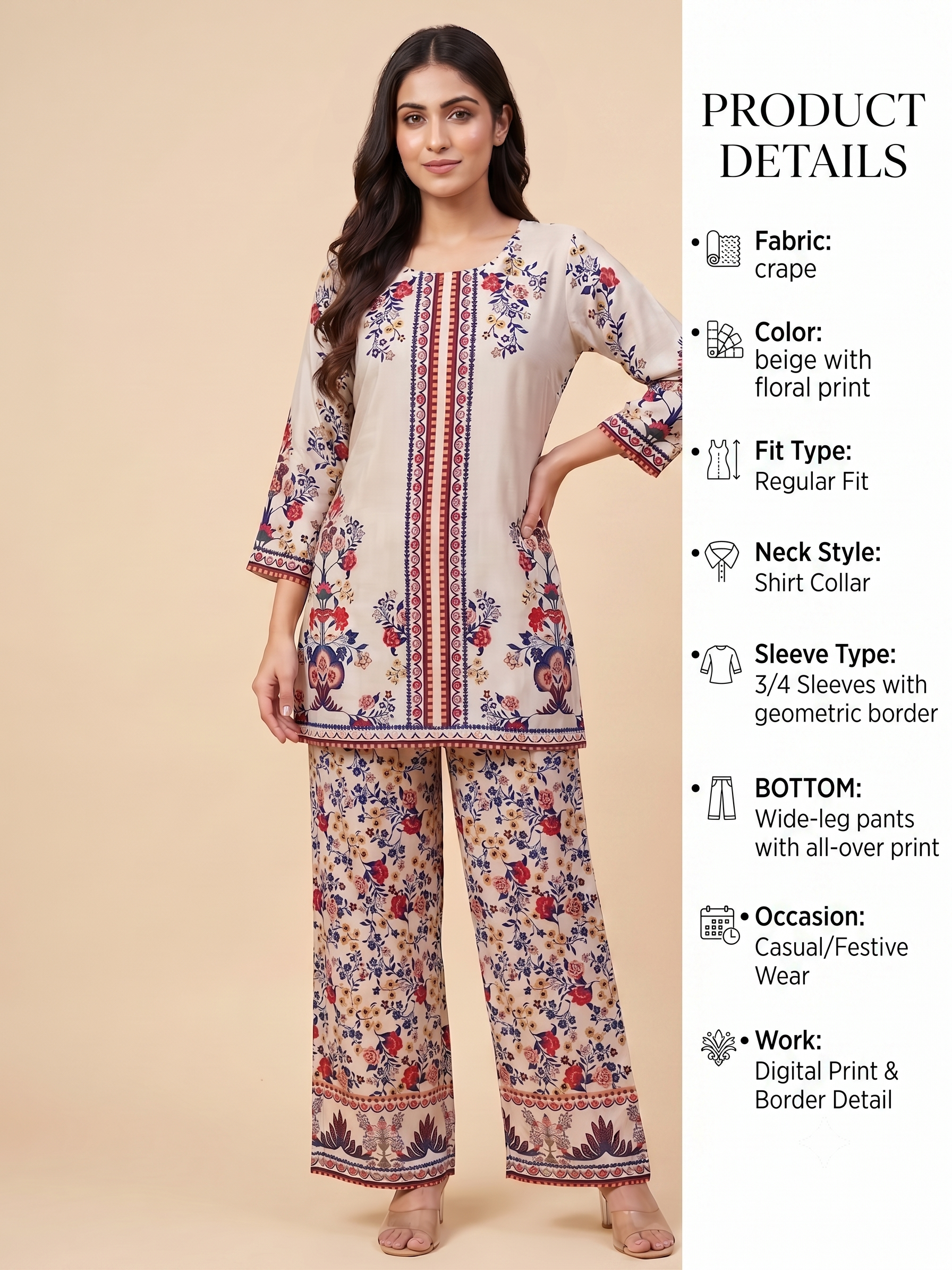 Women's Beige Floral Printed Crape Co-Ord Set