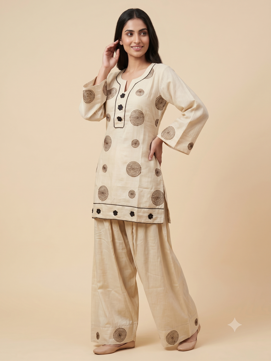 Elegant Cream Cotton Silk Ethnic Co-ord Set with Dark Brown Spiral Embroidery
