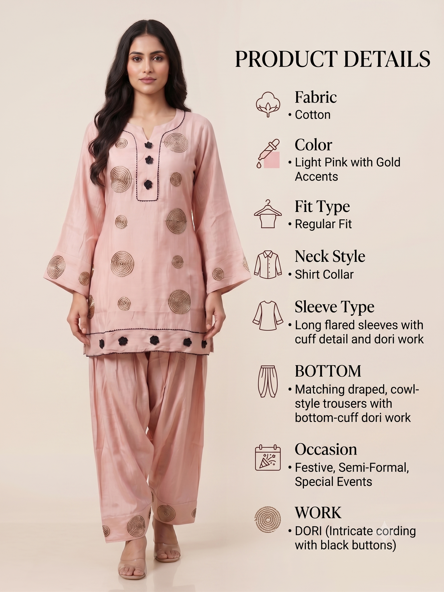 Elegant Rose Pink Co-ord Set with Embroidered Spiral Motifs