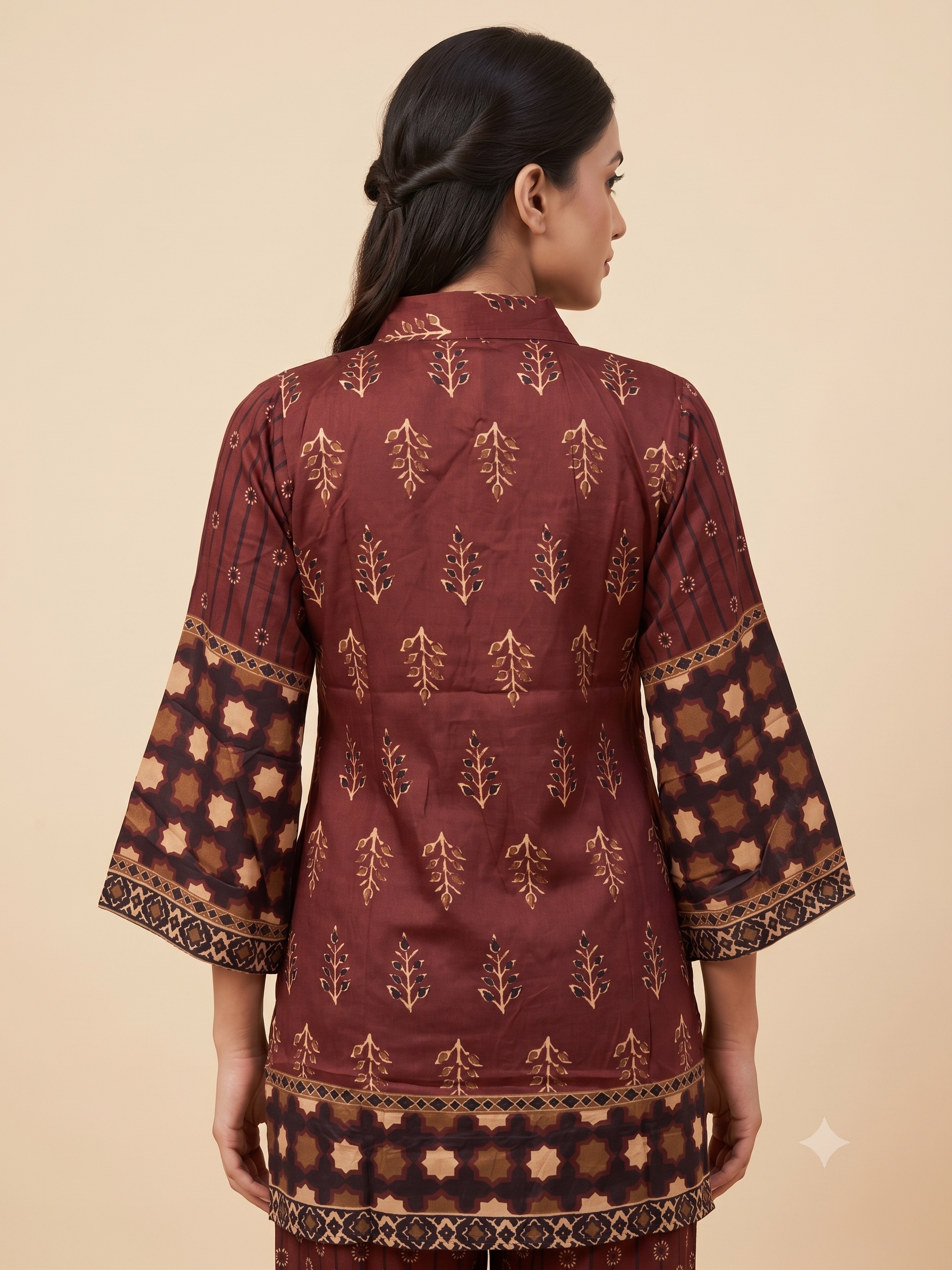 Maroon Satin Ethnic Print Co-ord Set