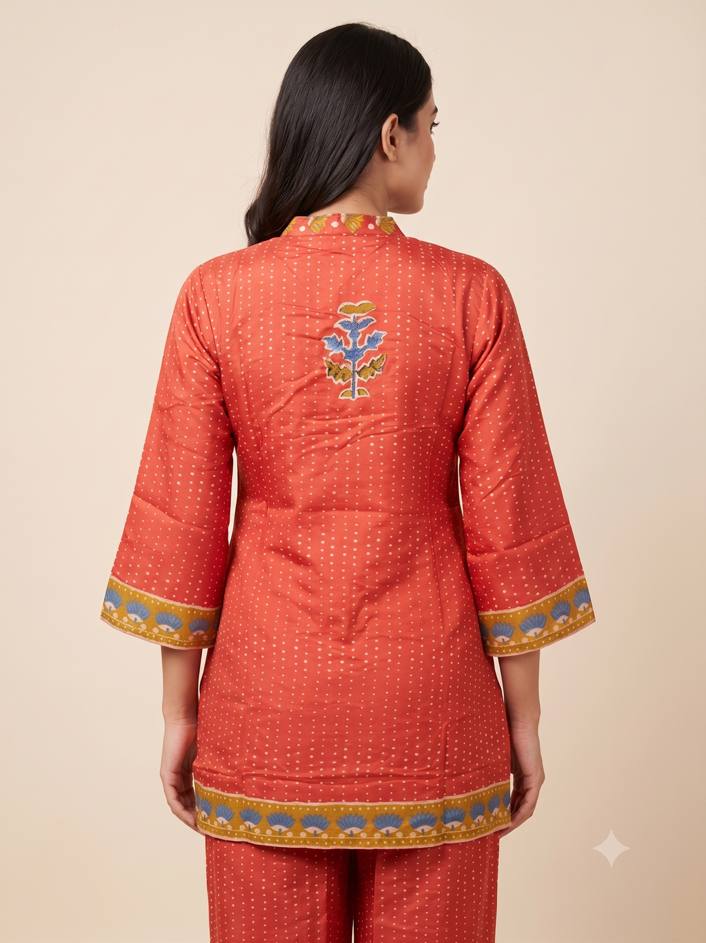 Rust Red Printed Satin Ethnic Co-Ord Set with Mandar/Shirt Collar