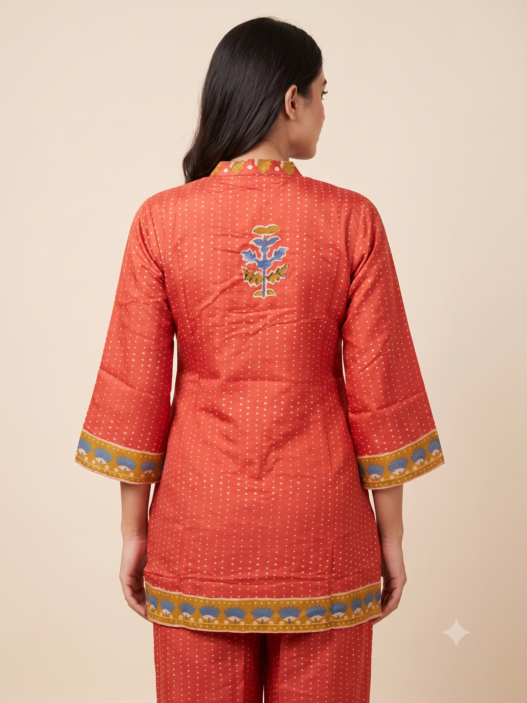 Rust Red Printed Satin Ethnic Co-Ord Set with Mandar/Shirt Collar