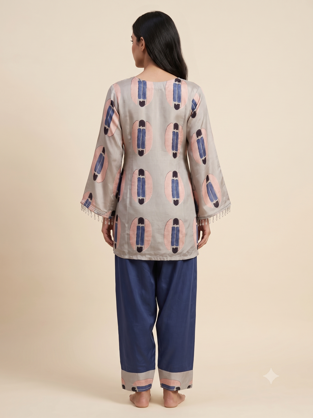 Women's Luxury Crepe Printed Tunic Top with Embellished V-Neck & Dhoti-Style Pleated Pants Co-ord Set (Grey & Royal Navy)