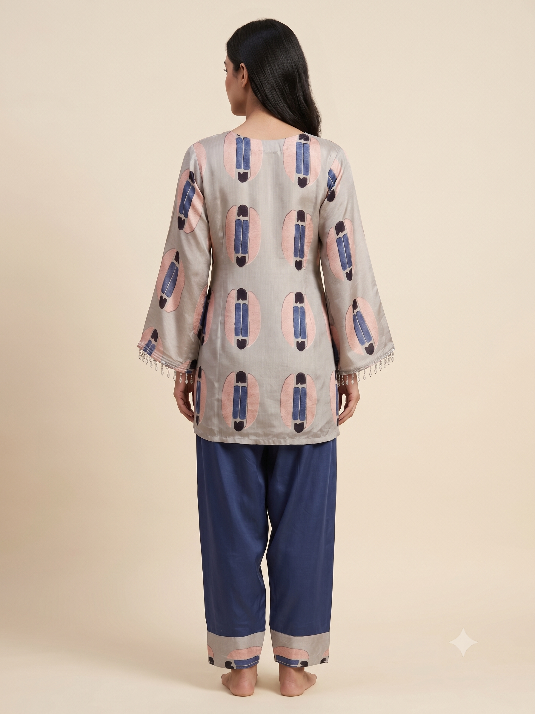 Women's Luxury Crepe Printed Tunic Top with Embellished V-Neck & Dhoti-Style Pleated Pants Co-ord Set (Grey & Royal Navy)
