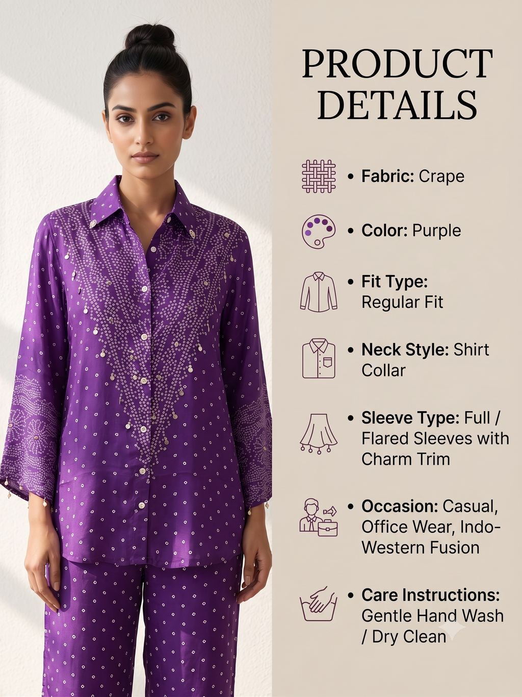Purple Bandhani Print Crape Tunic Shirt with Charm Trim