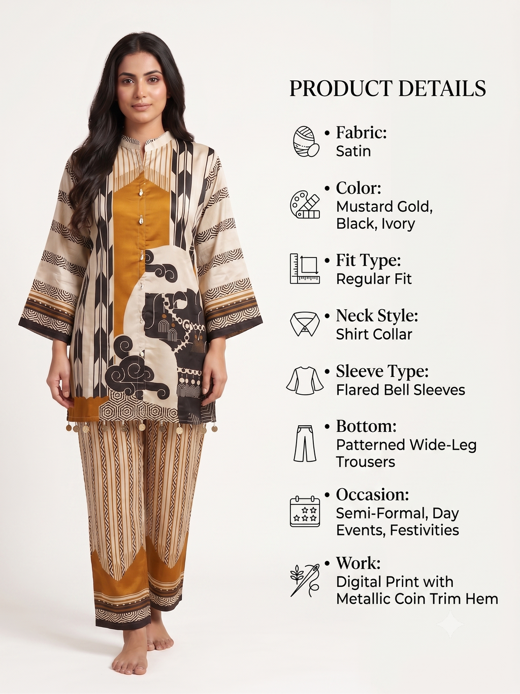 Mustard & Ivory Geometric Silk-Blend Co-ord Set