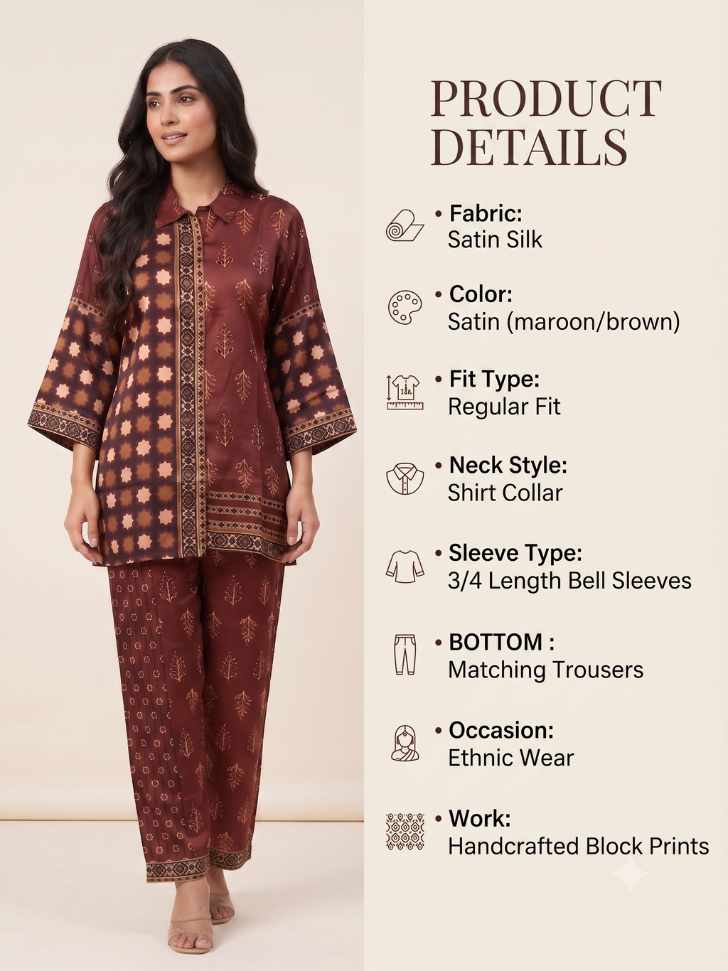 Maroon Satin Ethnic Print Co-ord Set