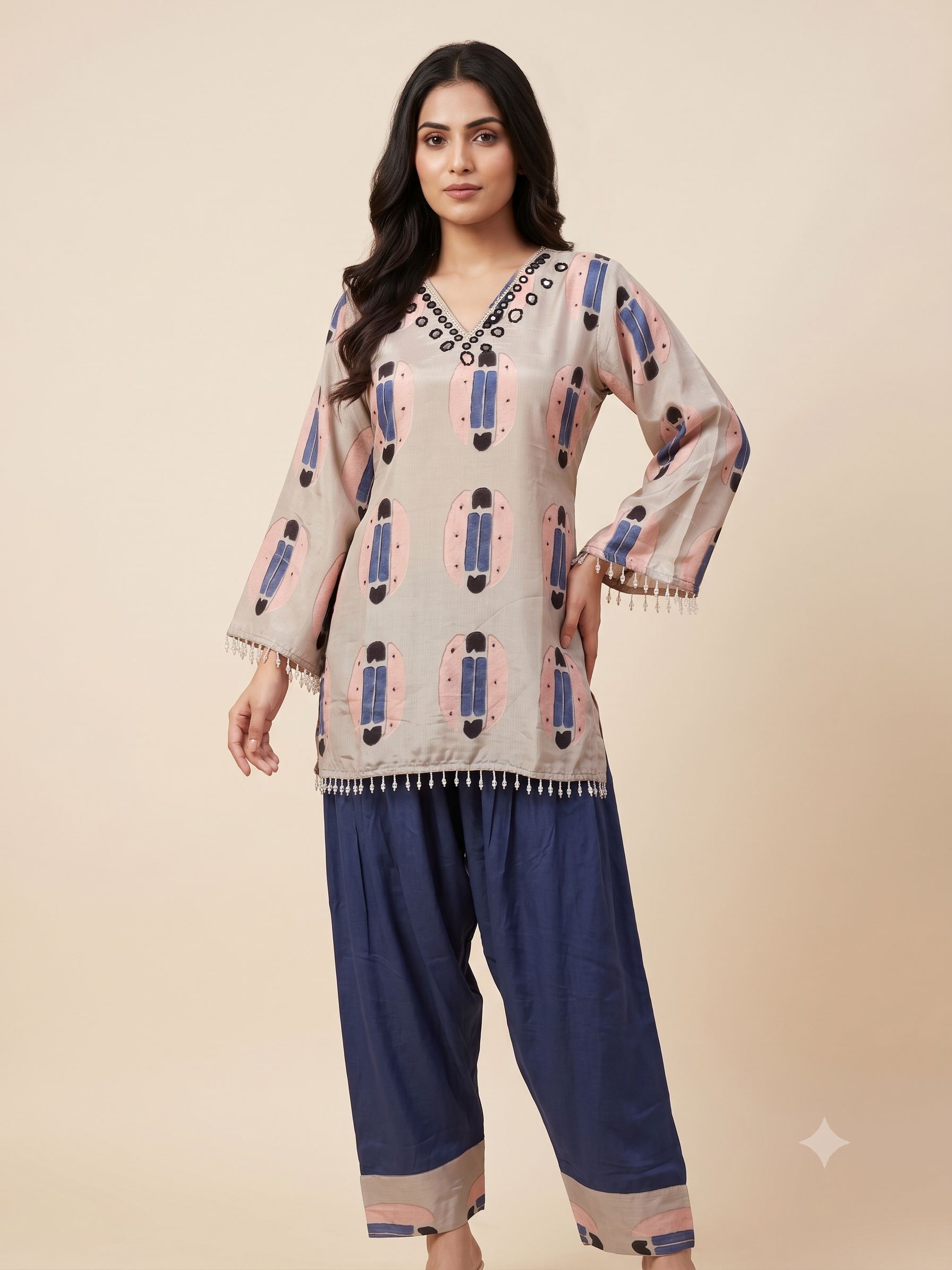 Women's Luxury Crepe Printed Tunic Top with Embellished V-Neck & Dhoti-Style Pleated Pants Co-ord Set (Grey & Royal Navy)
