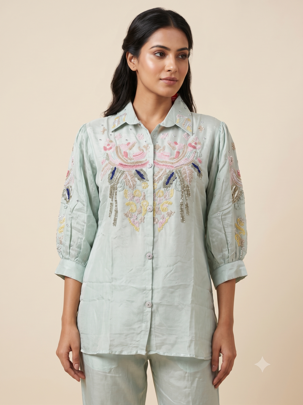 Elegant Cream Cotton Silk Ethnic Co-ord Set with Dark Brown Spiral Embroidery