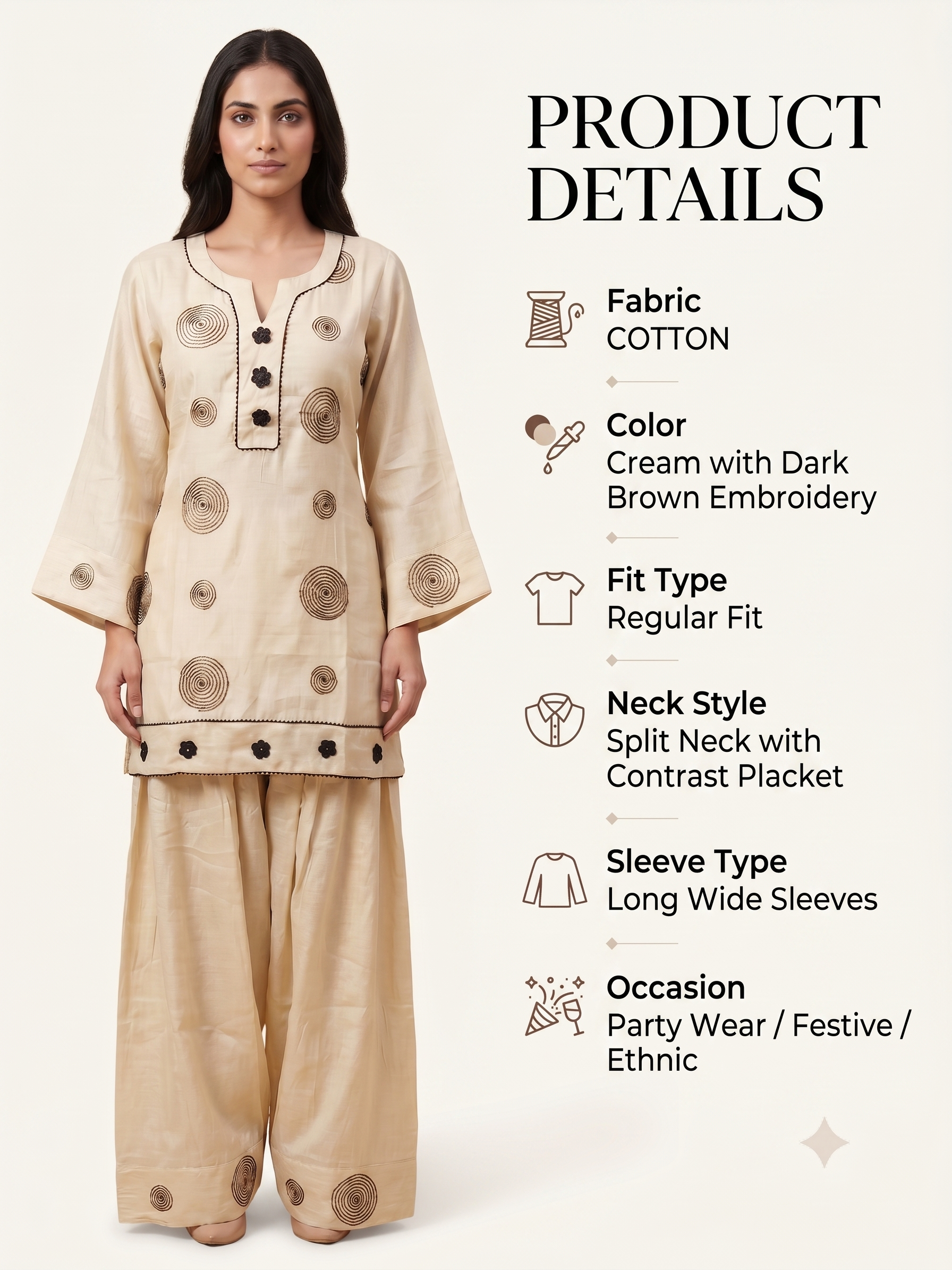 Elegant Cream Cotton Silk Ethnic Co-ord Set with Dark Brown Spiral Embroidery