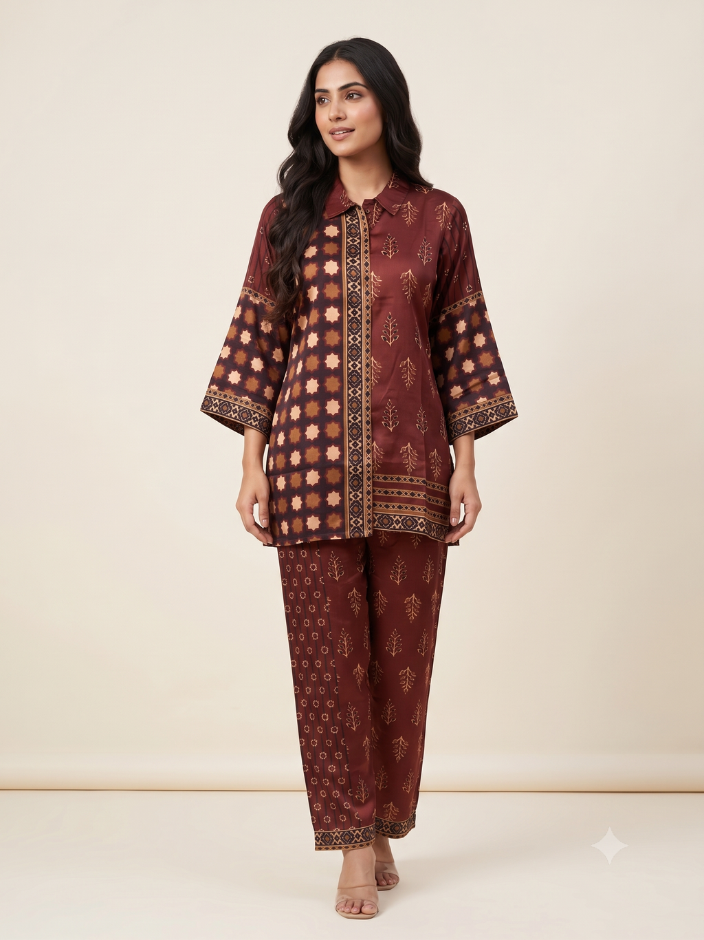 Maroon Satin Ethnic Print Co-ord Set