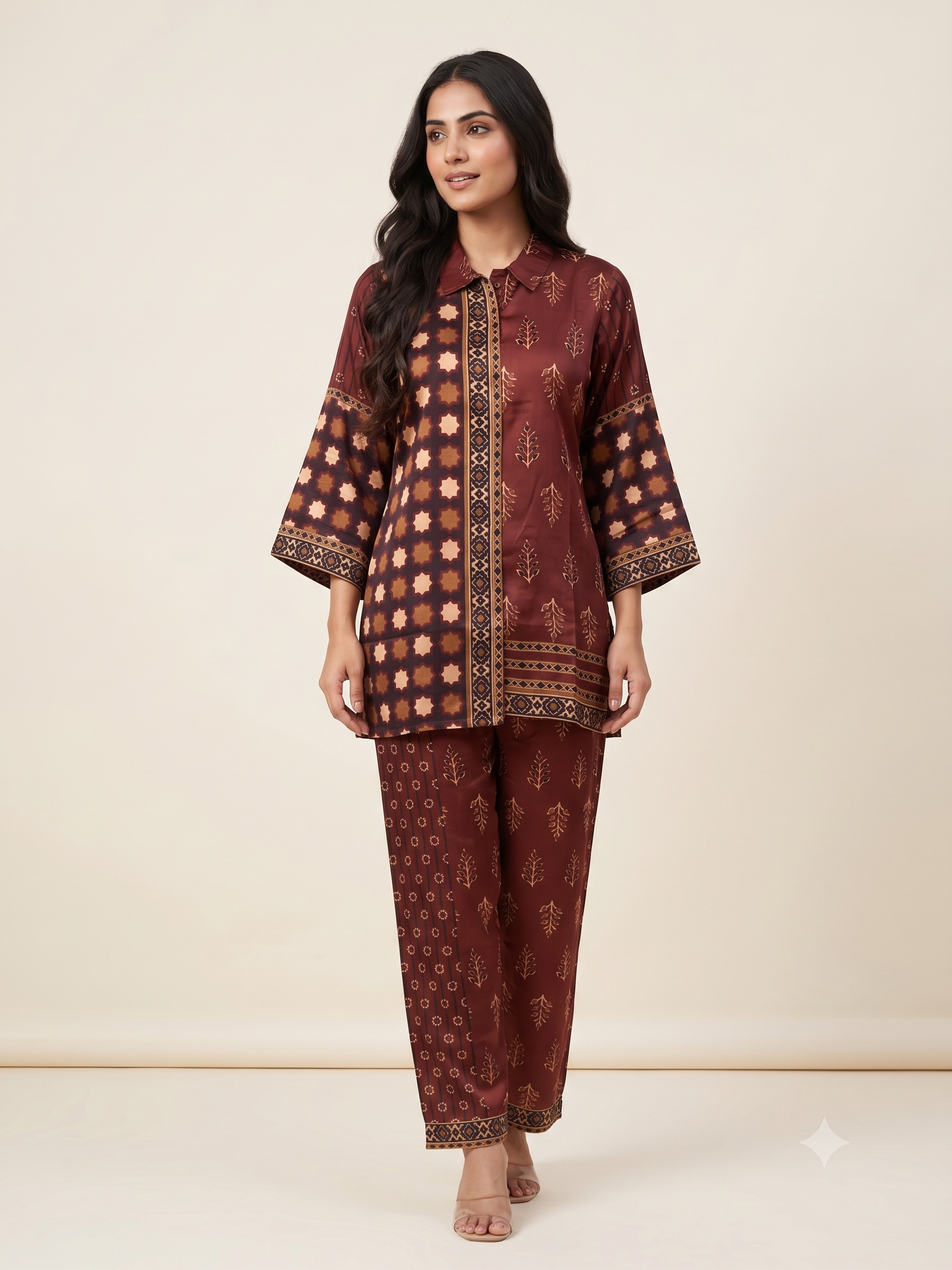 Maroon Satin Ethnic Print Co-ord Set