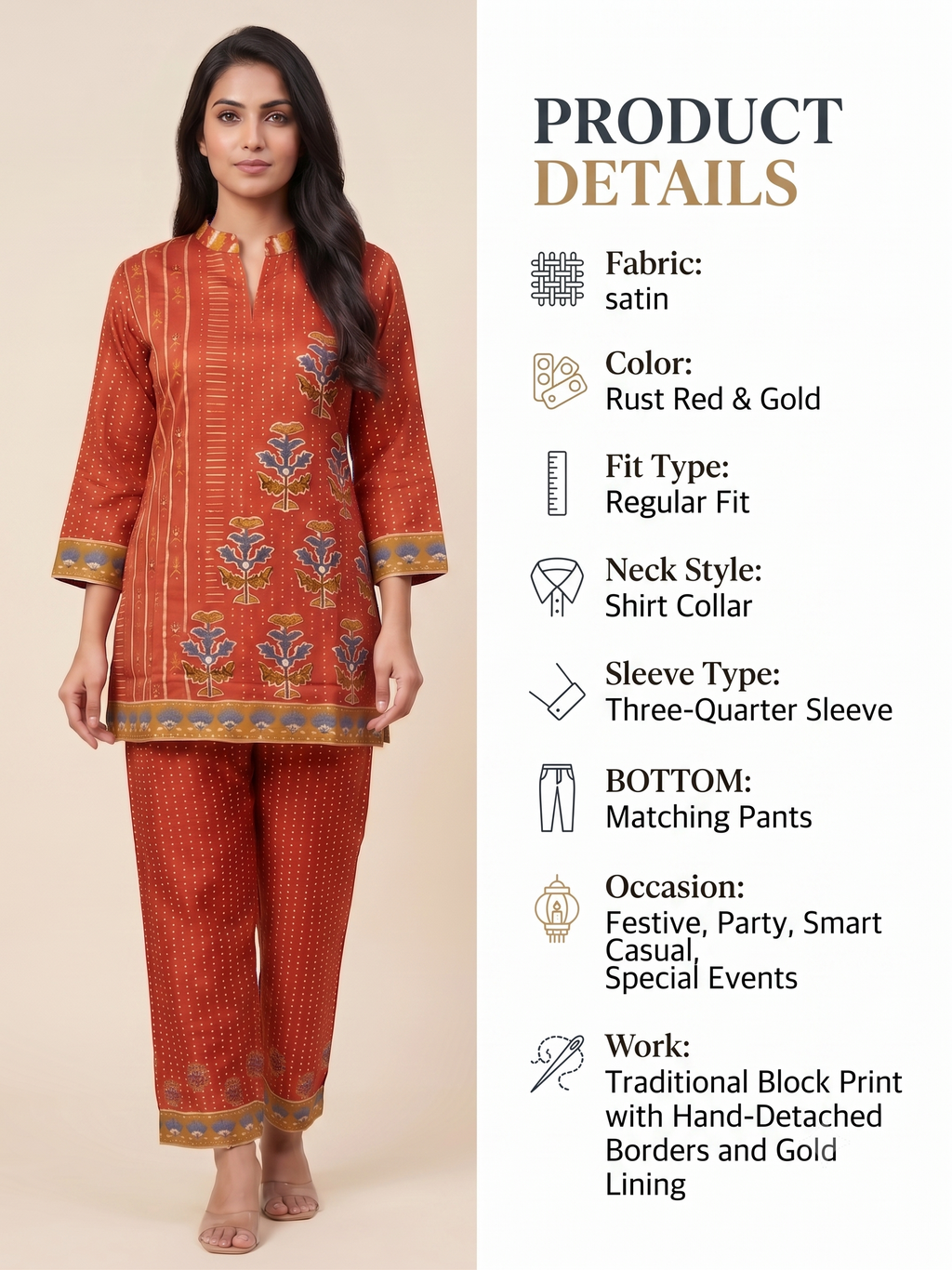 Rust Red Printed Satin Ethnic Co-Ord Set with Mandar/Shirt Collar