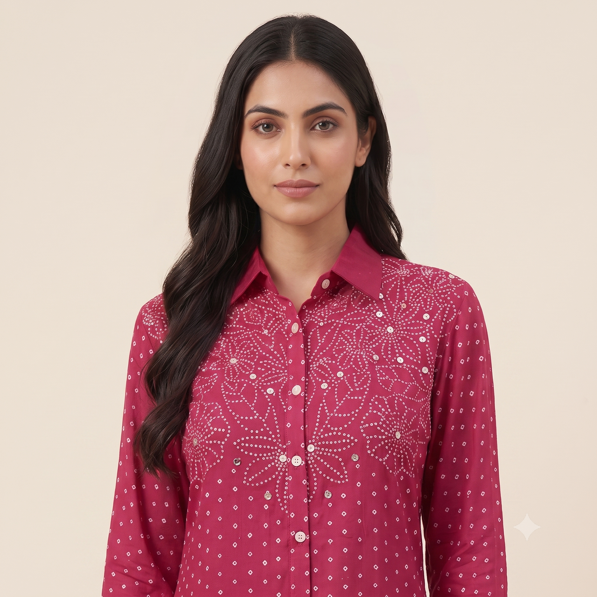 Fuchsia Pink Bandhani Printed & Sequined Crape Shirt Tunics