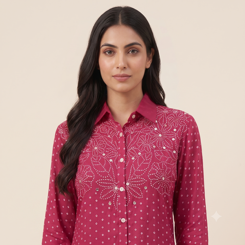 Fuchsia Pink Bandhani Printed & Sequined Crape Shirt Tunics
