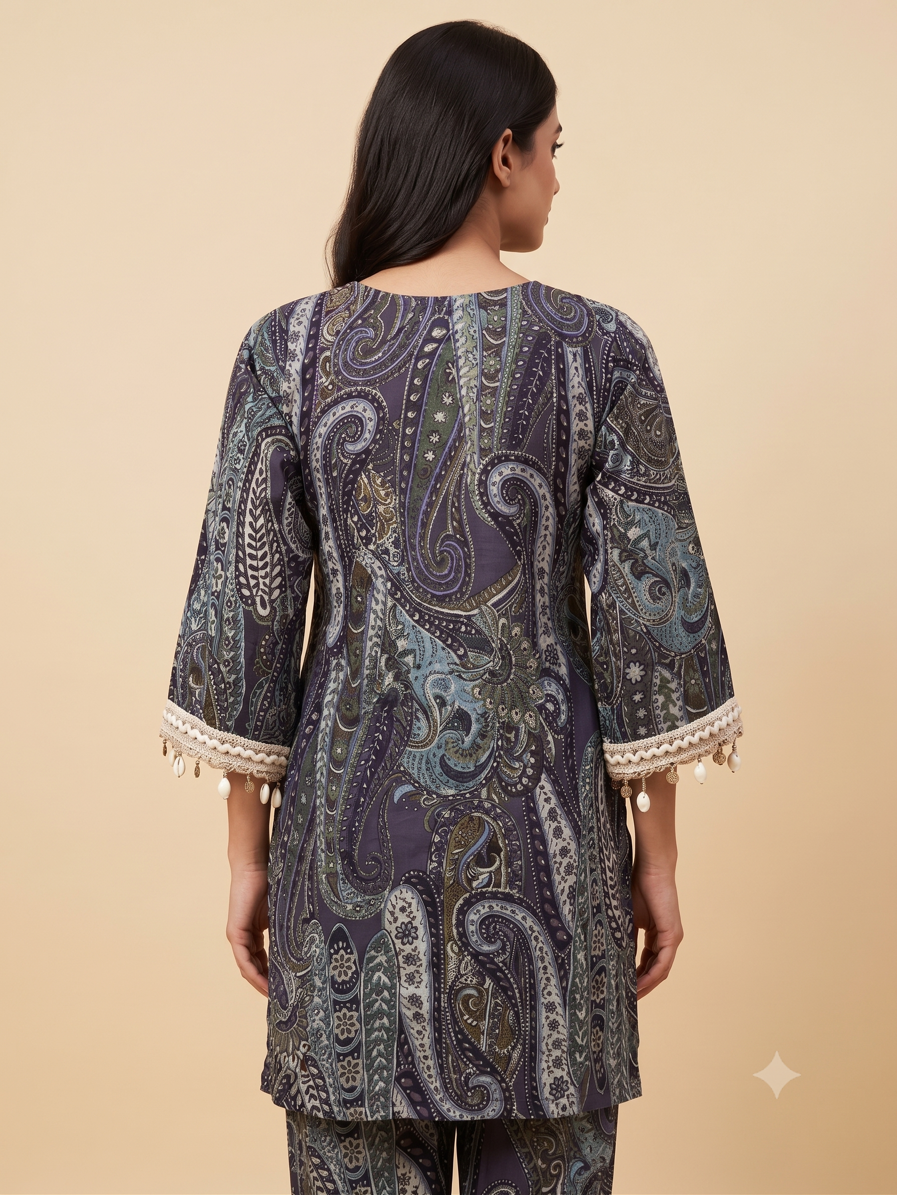 PREMIUM Luxurious Dark Paisley Cotton Co-ord Set with Shell & Lace Embellishments