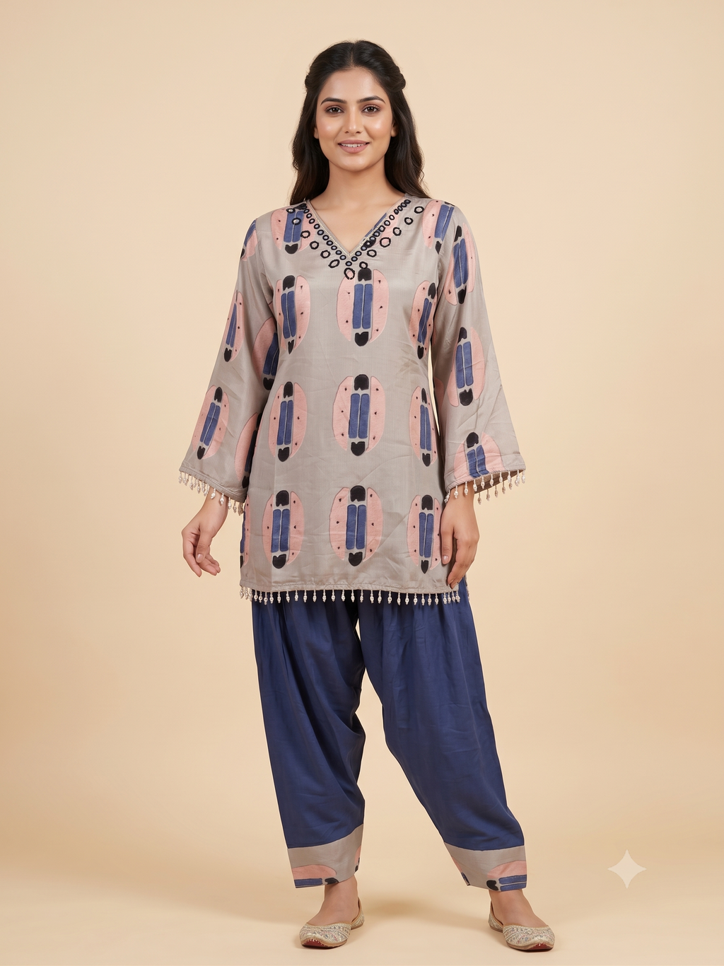 Women's Luxury Crepe Printed Tunic Top with Embellished V-Neck & Dhoti-Style Pleated Pants Co-ord Set (Grey & Royal Navy)