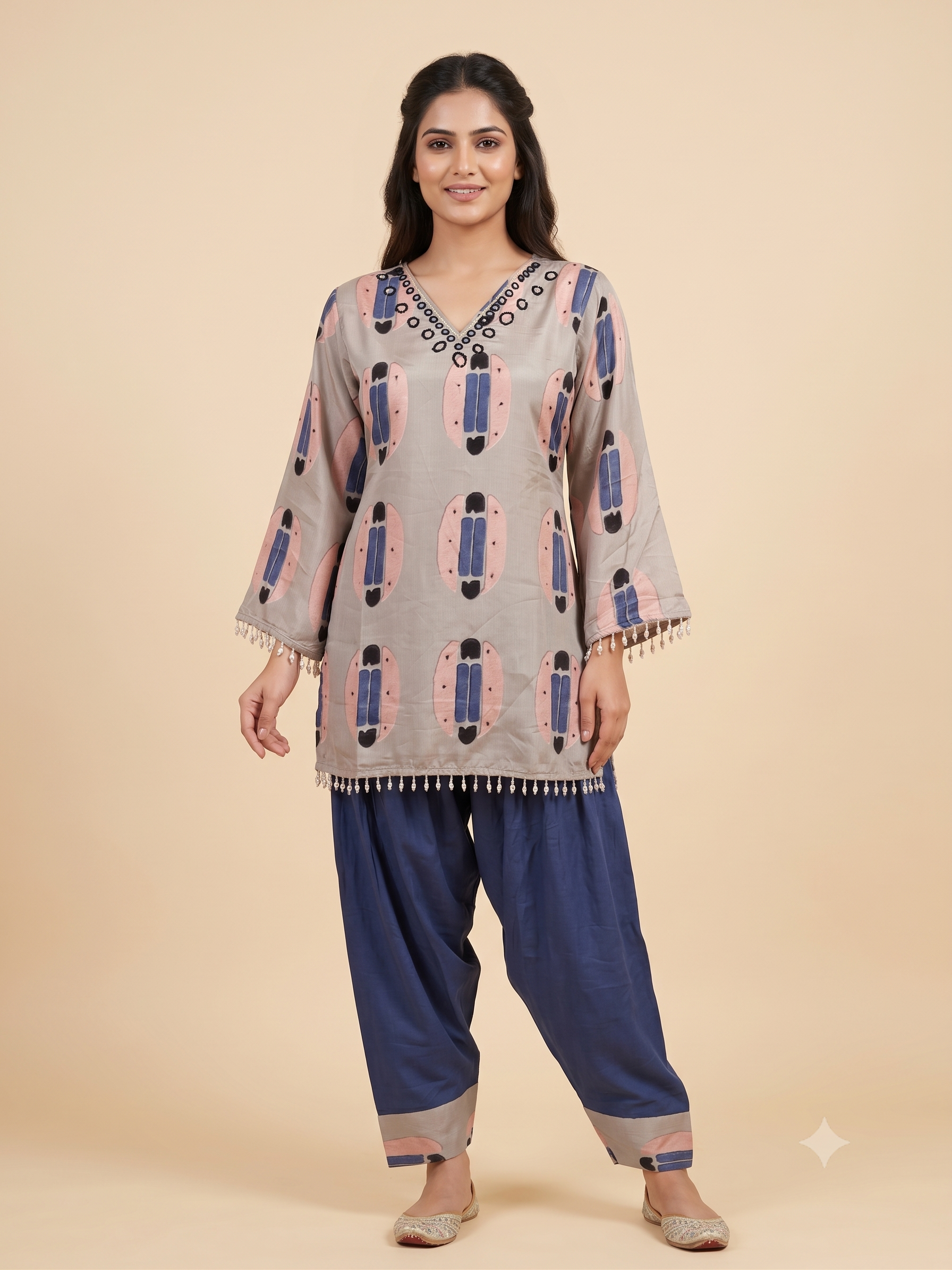 Women's Luxury Crepe Printed Tunic Top with Embellished V-Neck & Dhoti-Style Pleated Pants Co-ord Set (Grey & Royal Navy)
