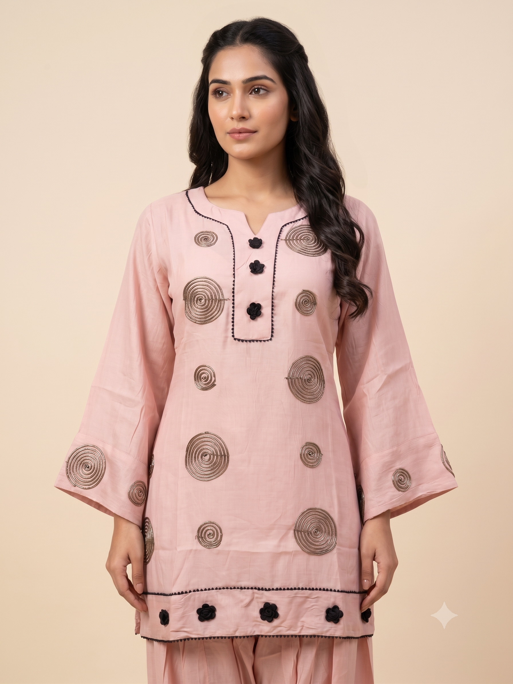 Elegant Rose Pink Co-ord Set with Embroidered Spiral Motifs